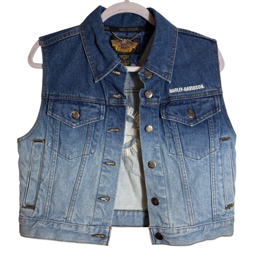 Harley-Davidson Women's Blue Ombré Denim Vest Embroidered Bar & Shield Size M